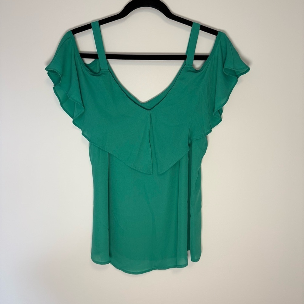 New York & Company Green Flutter Sleeve Blouse Size L